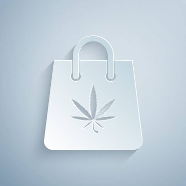 Kağıt kesiği, gri arka planda izole edilmiş tıbbi marihuana veya kenevir yaprağı ikonu torbası. Kenevir almak. Kenevir sembolü. Kağıt sanatı tarzı. Vektör İllüstrasyonu