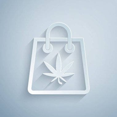 Kağıt kesiği, gri arka planda izole edilmiş tıbbi marihuana veya kenevir yaprağı ikonu torbası. Kenevir almak. Kenevir sembolü. Kağıt sanatı tarzı. Vektör İllüstrasyonu