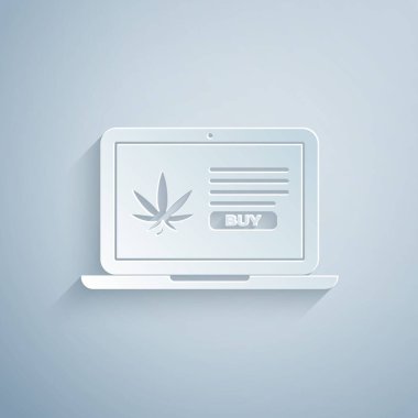 Kağıt kesiği Laptop ve tıbbi marihuana veya gri arka planda izole edilmiş kenevir yaprağı ikonu. İnternetten satın alma sembolü. Süpermarket sepeti. Kağıt sanatı tarzı. Vektör İllüstrasyonu
