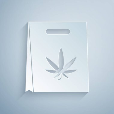 Kağıt kesiği, gri arka planda izole edilmiş tıbbi marihuana veya kenevir yaprağı ikonu torbası. Kenevir almak. Kenevir sembolü. Kağıt sanatı tarzı. Vektör İllüstrasyonu