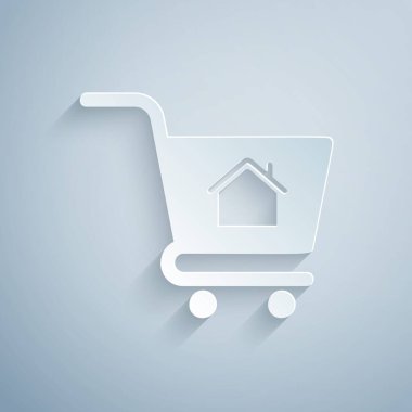 Gri arka planda ev ikonu olan kağıt kesiği alışveriş arabası. Ev konsepti al. Ev kredisi konsepti, kira, mülk satın alma. Kağıt sanatı tarzı. Vektör İllüstrasyonu
