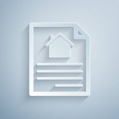 Kağıt kesiği ev sözleşmesi simgesi gri arka planda izole edilmiş. Sözleşme oluşturma hizmeti, belge oluşumu, başvuru formu bileşimi. Kağıt sanatı tarzı. Vektör İllüstrasyonu