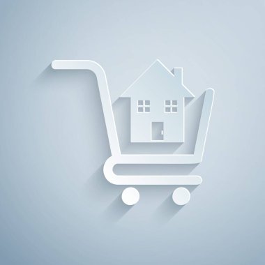 Gri arka planda ev ikonu olan kağıt kesiği alışveriş arabası. Ev konsepti al. Ev kredisi konsepti, kira, mülk satın alma. Kağıt sanatı tarzı. Vektör İllüstrasyonu