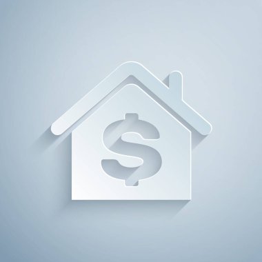 Kağıt kesiği, gri arkaplanda dolar sembolü olan House. Ev ve para. Emlak konsepti. Kağıt sanatı tarzı. Vektör İllüstrasyonu