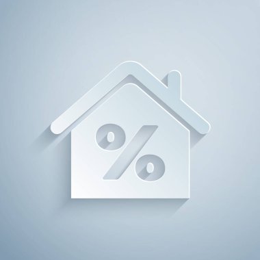 Gri arkaplanda özel indirimli etiket simgesi olan kağıt kesimi House. Evin yüzdesi tabela fiyatı. Emlak evi. Kredi yüzdesi sembolü. Kağıt sanatı tarzı. Vektör İllüstrasyonu