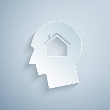 Kağıt Kesiği Adam, gri arka planda izole edilmiş yeni bir ev ikonu almayı hayal ediyor. Kağıt sanatı tarzı. Vektör İllüstrasyonu