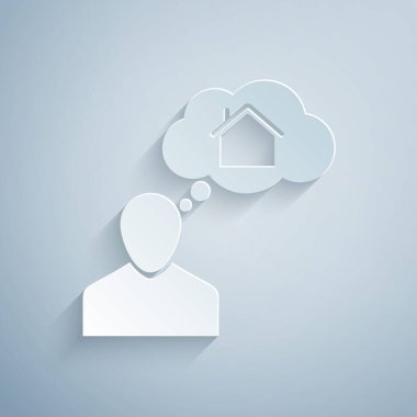 Kağıt Kesiği Adam, gri arka planda izole edilmiş yeni bir ev ikonu almayı hayal ediyor. Kağıt sanatı tarzı. Vektör İllüstrasyonu