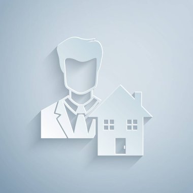 Kağıt kesiği emlakçı simgesi gri arkaplanda izole edildi. Ev almak. Kağıt sanatı tarzı. Vektör İllüstrasyonu