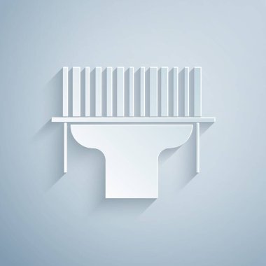 Kağıt kesme tarayıcı tarama barkod simgesi gri arkaplanda izole edildi. Barkod etiketi. Parmaklıklı teslimat için kimlik. Kağıt sanatı tarzı. Vektör İllüstrasyonu