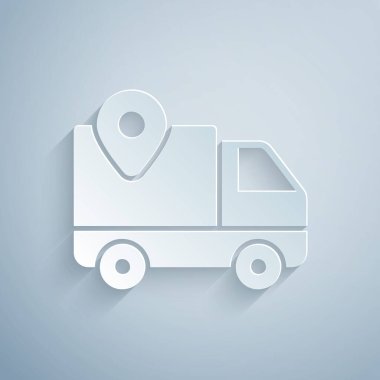 Kağıt kesiği Teslimat simgesi gri arkaplanda izole edildi. Paket takibi. Kağıt sanatı tarzı. Vektör İllüstrasyonu