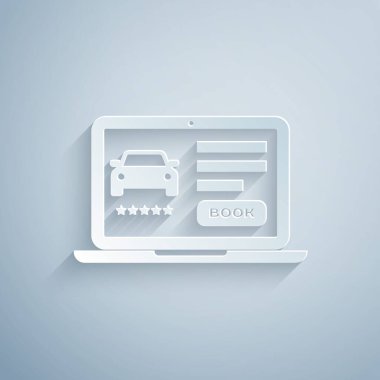 Kağıt kesiği Gri arkaplanda çevrimiçi araba paylaşım simgesi izole edildi. Çevrimiçi araba kiralama servisi. Dizüstü bilgisayar için online dizayn konsepti. Kağıt sanatı tarzı. Vektör İllüstrasyonu