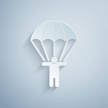 Kağıt kesiği Paraşüt ve siluet kişi simgesi gri arkaplanda izole edildi. Kağıt sanatı tarzı. Vektör İllüstrasyonu
