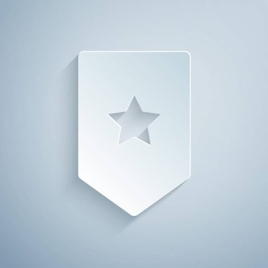 Kağıt kesiği sembolü gri arkaplanda izole edilmiş. Askeri rozet işareti. Kağıt sanatı tarzı. Vektör İllüstrasyonu