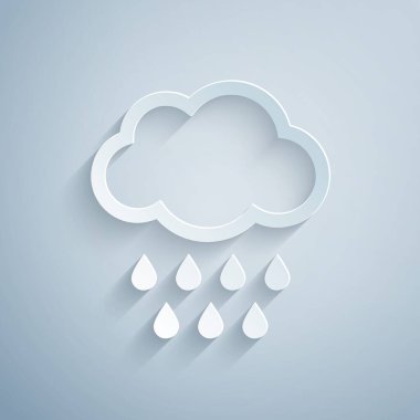 Kağıt kesiği Bulut ve gri arka planda izole yağmur ikonu. Yağmur damlaları ile yağmur bulutu yağışı. Kağıt sanatı tarzı. Vektör İllüstrasyonu