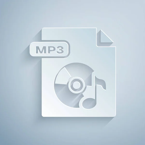 Documento de archivo MP3 de corte de papel. Descargar icono del botón mp3 aislado sobre fondo gris. Signo de formato de música Mp3. Símbolo de archivo MP3. Estilo de arte de papel. Ilustración vectorial — Vector de stock