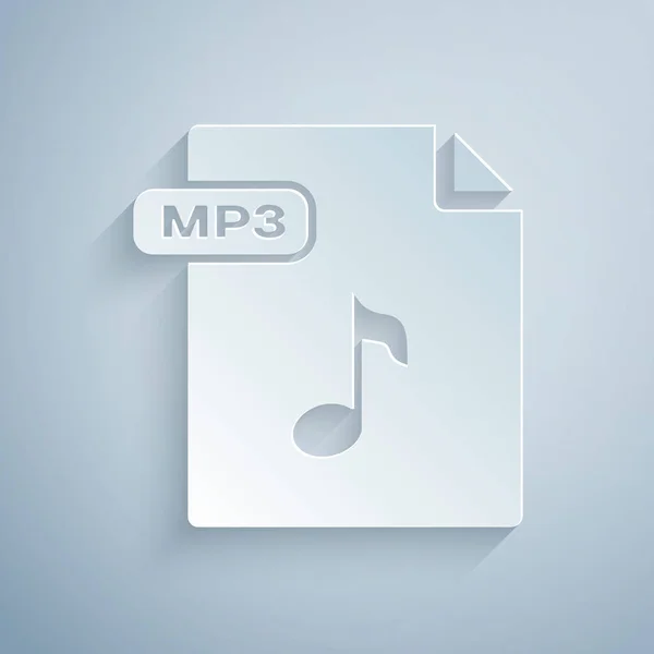 Papier geschnittene mp3-Datei Dokument. herunterladen mp3-Taste Symbol isoliert auf grauem Hintergrund. mp3 Musikformat Zeichen. mp3-Dateisymbol. Papierkunst. Vektorillustration — Stockvektor