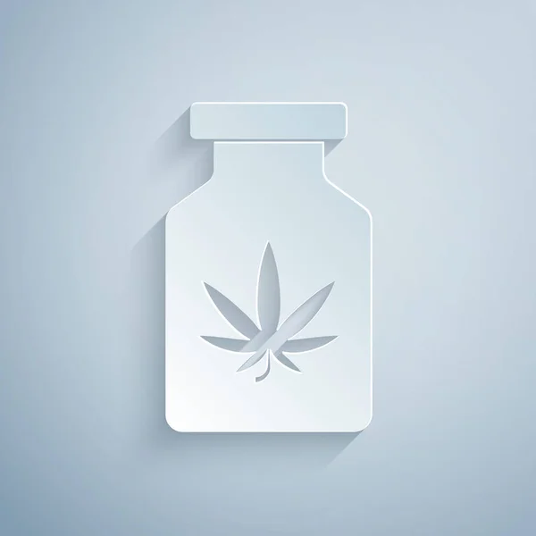 Paper cut Medical bottle with marijuana or cannabis leaf icon isolated on grey background. Mock up of cannabis oil extracts in jars. Paper art style. Vector Illustration — Stock Vector