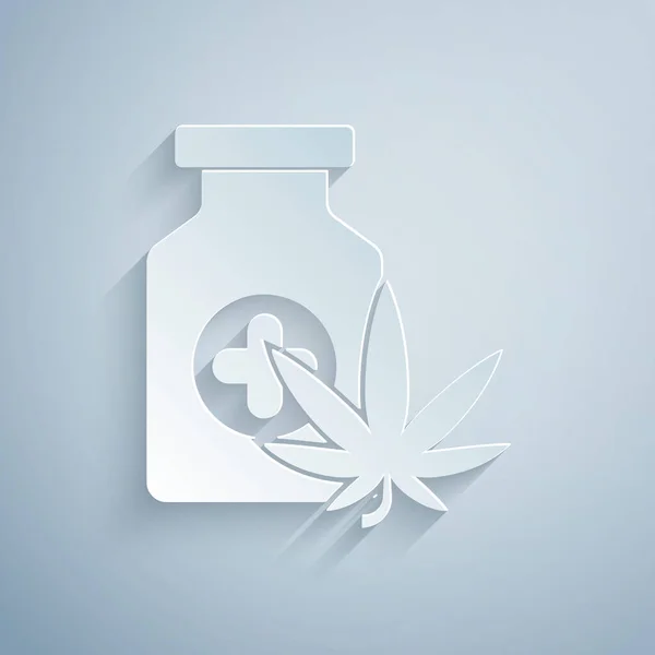 Kağıt kesiği Tıbbi şişe marihuana veya kenevir yaprağı ikonu gri arka planda izole. Kavanozlardaki kenevir yağı özlerini taklit et. Kağıt sanatı tarzı. Vektör İllüstrasyonu — Stok Vektör