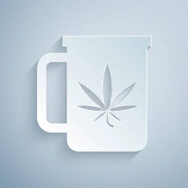 Paper cut Cup tea with marijuana or cannabis leaf icon isolated on grey background. Marijuana legalization. Hemp symbol. Paper art style. Vector Illustration — Stock Vector