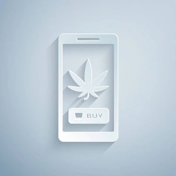 Corte de papel Telefone celular e maconha medicinal ou ícone de folha de cannabis isolado em fundo cinza. Símbolo de compra online. Cesta de supermercado. Estilo de arte de papel. Ilustração vetorial — Vetor de Stock