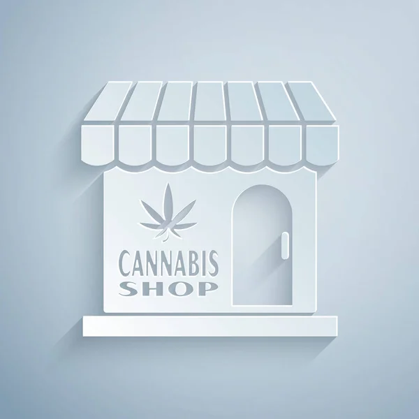 Carta tagliata Icona del negozio di marijuana e cannabis isolata su sfondo grigio. Attrezzature e accessori per fumare, conservare cannabis medica. Stile cartaceo. Illustrazione vettoriale — Vettoriale Stock
