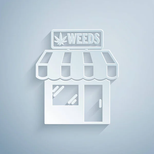 Carta tagliata Icona del negozio di marijuana e cannabis isolata su sfondo grigio. Attrezzature e accessori per fumare, conservare cannabis medica. Stile cartaceo. Illustrazione vettoriale — Vettoriale Stock