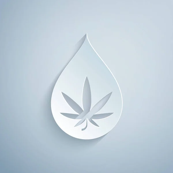 Carta tagliata Marijuana medica o foglia di cannabis icona goccia di olio d'oliva isolato su sfondo grigio. Estratto di cannabis. Simbolo di canapa. Stile cartaceo. Illustrazione vettoriale — Vettoriale Stock