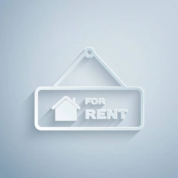 Paper cut Hanging sign with text For Rent icon isolated on grey background. Signboard with text For Rent. Paper art style. Vector Illustration — Stock Vector
