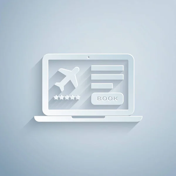 Papiergeschnittener Laptop mit elektronischem Bordkartensymbol auf grauem Hintergrund. Handyticket für das Passagierflugzeug für Web und App. Papierkunst. Vektorillustration — Stockvektor