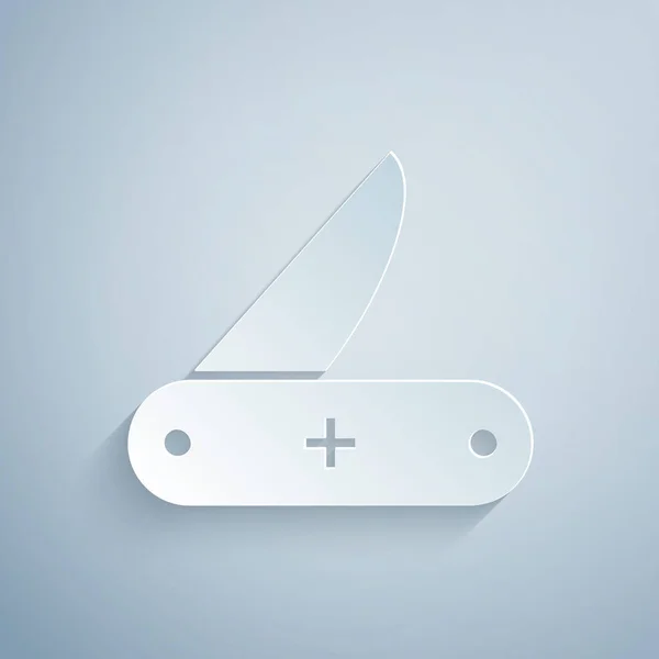 На сером фоне выделена икона швейцарского армейского ножа. Многофункциональный многофункциональный перочинный нож. Многофункциональный инструмент. Бумажный стиль. Векторная миграция — стоковый вектор