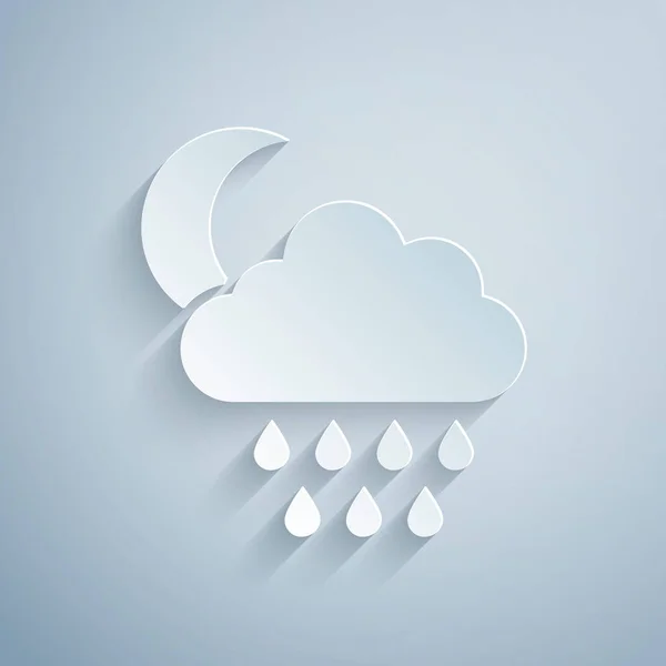 Papier gesneden Wolk met regen en maan pictogram geïsoleerd op grijze achtergrond. Regenwolk neerslag met regendruppels. Papierkunst stijl. Vector Illustratie — Stockvector