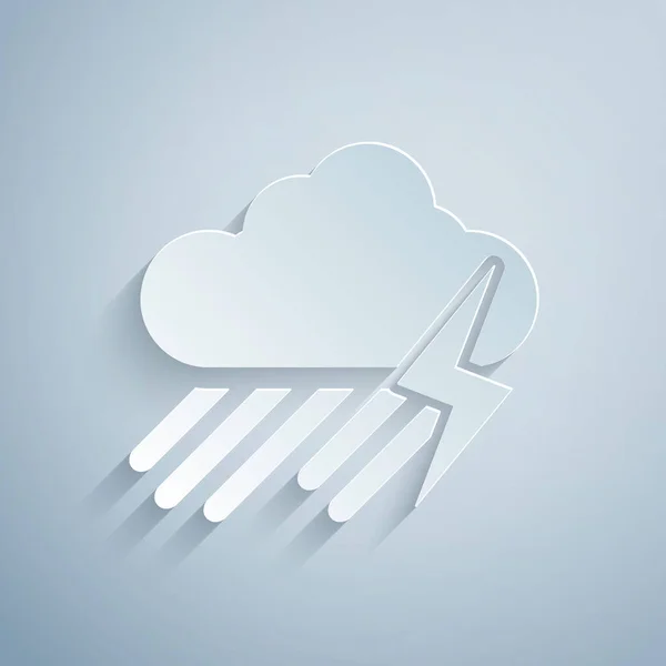 Papiergeschnittene Wolke mit Regen und Blitzsymbol isoliert auf grauem Hintergrund. Regenwolken Niederschlag mit Regentropfen. Wettersymbol des Sturms. Papierkunst. Vektorillustration — Stockvektor