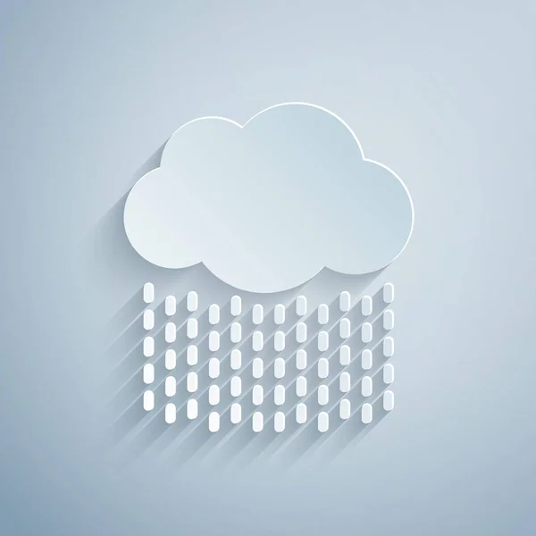 Papier gesneden Wolk met regenpictogram geïsoleerd op grijze achtergrond. Regenwolk neerslag met regendruppels. Papierkunst stijl. Vector Illustratie — Stockvector