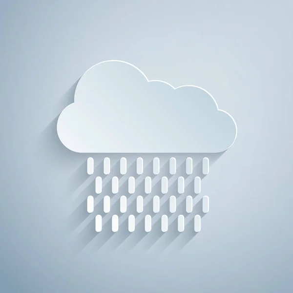 Papírvágás Felhő eső ikon elszigetelt szürke háttérrel. Esőfelhő csapadék esőcseppekkel. Papírművészeti stílus. Vektorillusztráció — Stock Vector