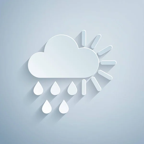 Papier gesneden Bewolkt met regen en zon pictogram geïsoleerd op grijze achtergrond. Regenwolk neerslag met regendruppels. Papierkunst stijl. Vector Illustratie — Stockvector