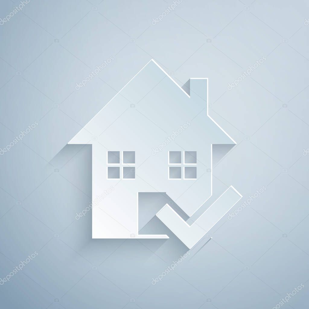 Paper cut House with check mark icon isolated on grey background. Real estate agency or cottage town elite class. Paper art style. Vector Illustration