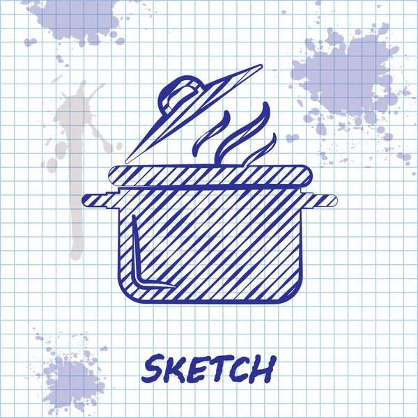 Sketch line Ícone do pote de cozinha isolado no fundo branco. Ferva ou guisado símbolo de comida. Ilustração vetorial — Vetor de Stock