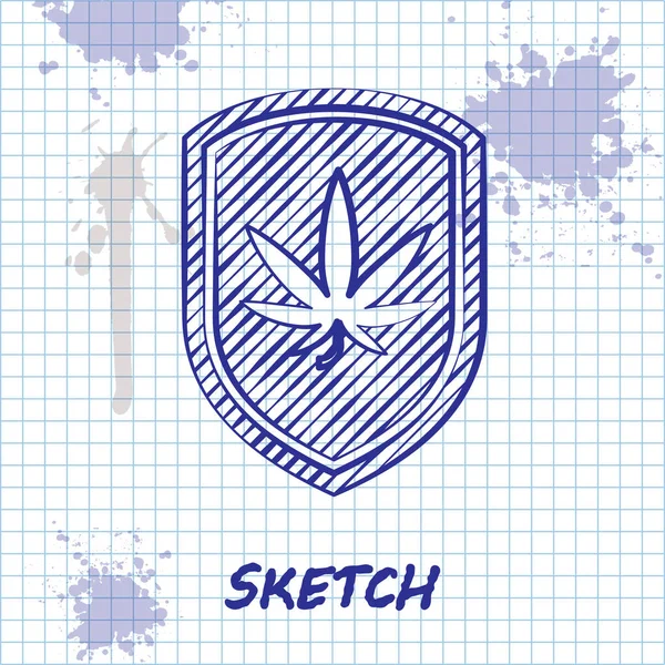 Línea de boceto Escudo y marihuana o cannabis icono de la hoja aislado sobre fondo blanco. Legalización de la marihuana. Un símbolo de cáñamo. Ilustración vectorial — Vector de stock