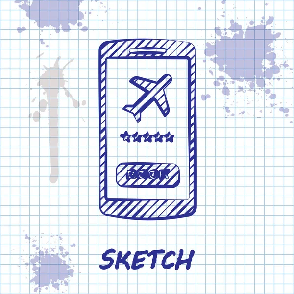 Sketch γραμμή Smartphone με ηλεκτρονικό εισιτήριο κάρτα επιβίβασης εικονίδιο αεροπορικού εισιτηρίου που απομονώνονται σε λευκό φόντο. Επιβατικό αεροπορικό εισιτήριο για web και app. Εικονογράφηση διανύσματος — Διανυσματικό Αρχείο