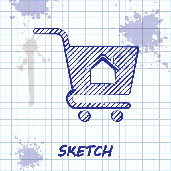 Sketch line Carrello con icona della casa isolata su sfondo bianco. Comprare concetto di casa. Concetto di mutuo casa, affitto, acquisto di un immobile. Illustrazione vettoriale — Vettoriale Stock