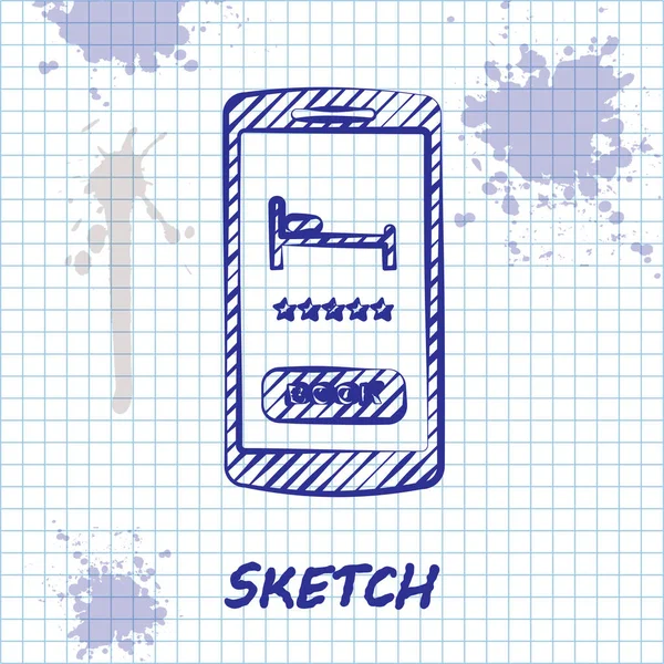 Sketch line Online κρατήσεις ξενοδοχείων εικονίδιο που απομονώνεται σε λευκό φόντο. Online σχεδιασμός κρατήσεων για κινητό τηλέφωνο. Εικονογράφηση διανύσματος — Διανυσματικό Αρχείο