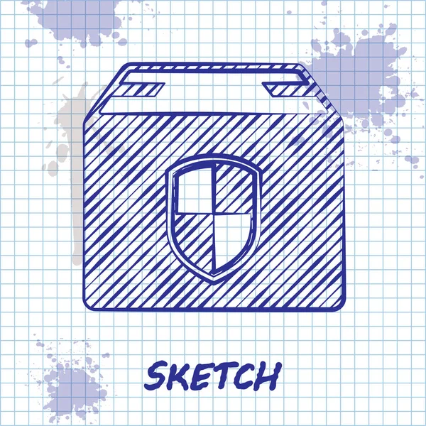 Sketch line Dodací balíček bezpečnostní symbol s ikonou štítu izolované na bílém pozadí. Poštovní pojištění. Pojištěné kartónové krabice za štítem. Vektorová ilustrace — Stockový vektor
