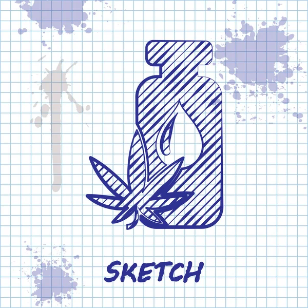 하얀 배경에 고립된 의료용 마리화나나 대마초 잎 올리브유 드롭 아이콘을 스케치한다. 대마초 추출물. 반반의 상징. 벡터 일러스트 — 스톡 벡터