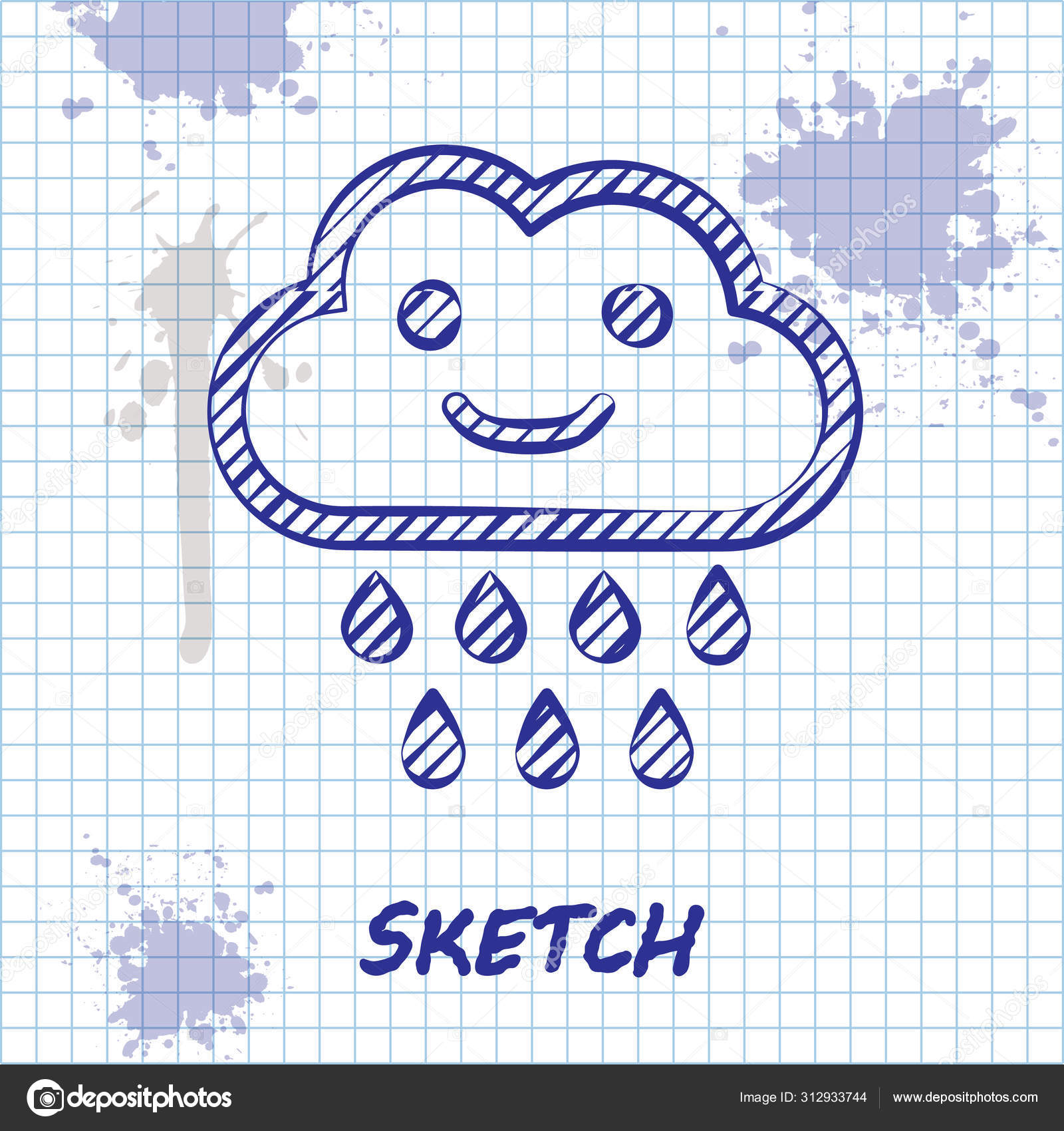 Sketch Line Cloud With Rain Icon Isolated On White