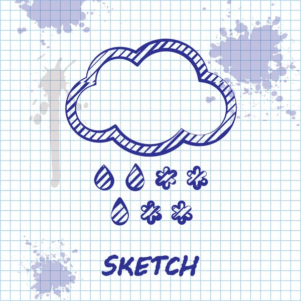 Linea di schizzo Nuvola con icona neve e pioggia isolata su sfondo bianco. Icona meteo. Illustrazione vettoriale — Vettoriale Stock