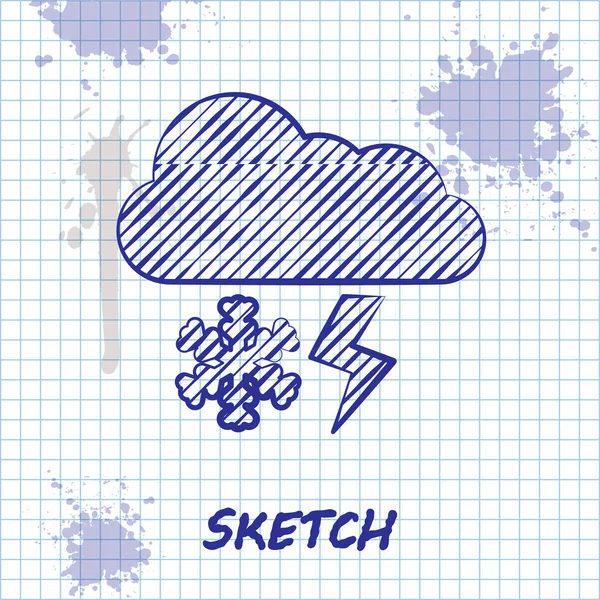 Sketch line Cloud with snow and lightning icon isolated on white background. Cloud with snowflakes. Single weather icon. Snowing sign. Vector Illustration