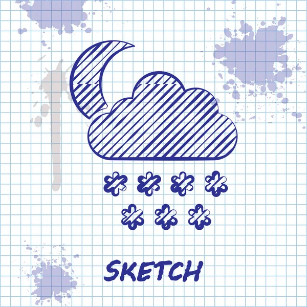 Sketch line Cloud with snow and moon icon isolated on white background. Cloud with snowflakes. Single weather icon. Snowing sign. Vector Illustration — Stock Vector