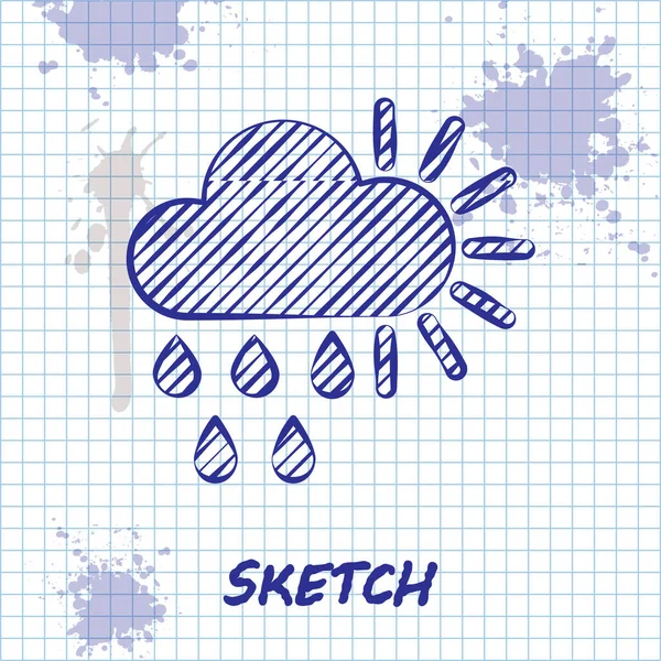 Schets lijn Bewolkt met regen en zon pictogram geïsoleerd op witte achtergrond. Regenwolk neerslag met regendruppels. Vector Illustratie — Stockvector