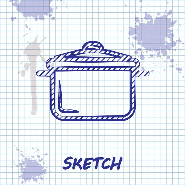 Schets lijn Koken pot pictogram geïsoleerd op witte achtergrond. Kook of stoofpot voedsel symbool. Vector Illustratie — Stockvector