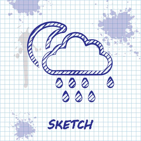 Línea de boceto Nube con icono de lluvia y luna aislado sobre fondo blanco. precipitación de nubes de lluvia con gotas de lluvia. Ilustración vectorial — Vector de stock